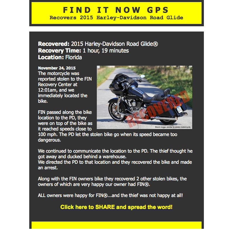 Find It Now GPS Security assists in recovering 2015 Harley Road Glide