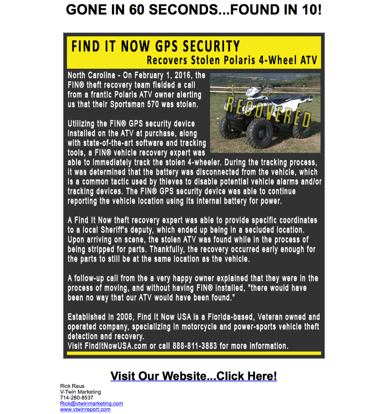 Find It Now GPS Security recovers stolen Polaris 4-wheel ATV